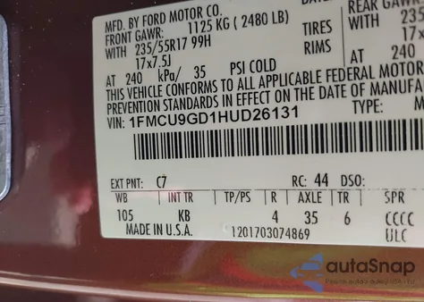 2017 Ford Escape Se из США, поврежденный, VIN 1FMCU9GD1HUD26131